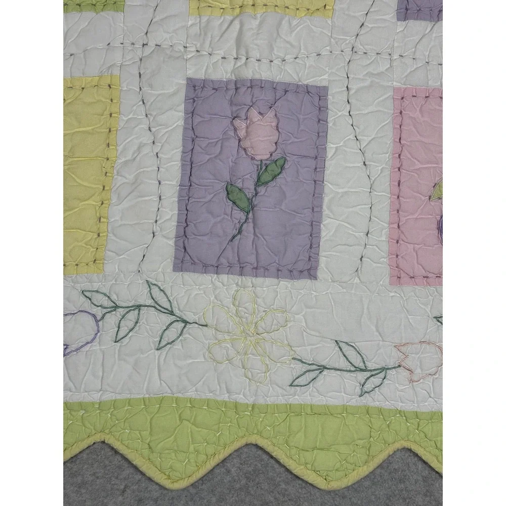Vintage Pottery Barn Kids Tulip Garden Embroidered Crib Toddler Quilt Pastel